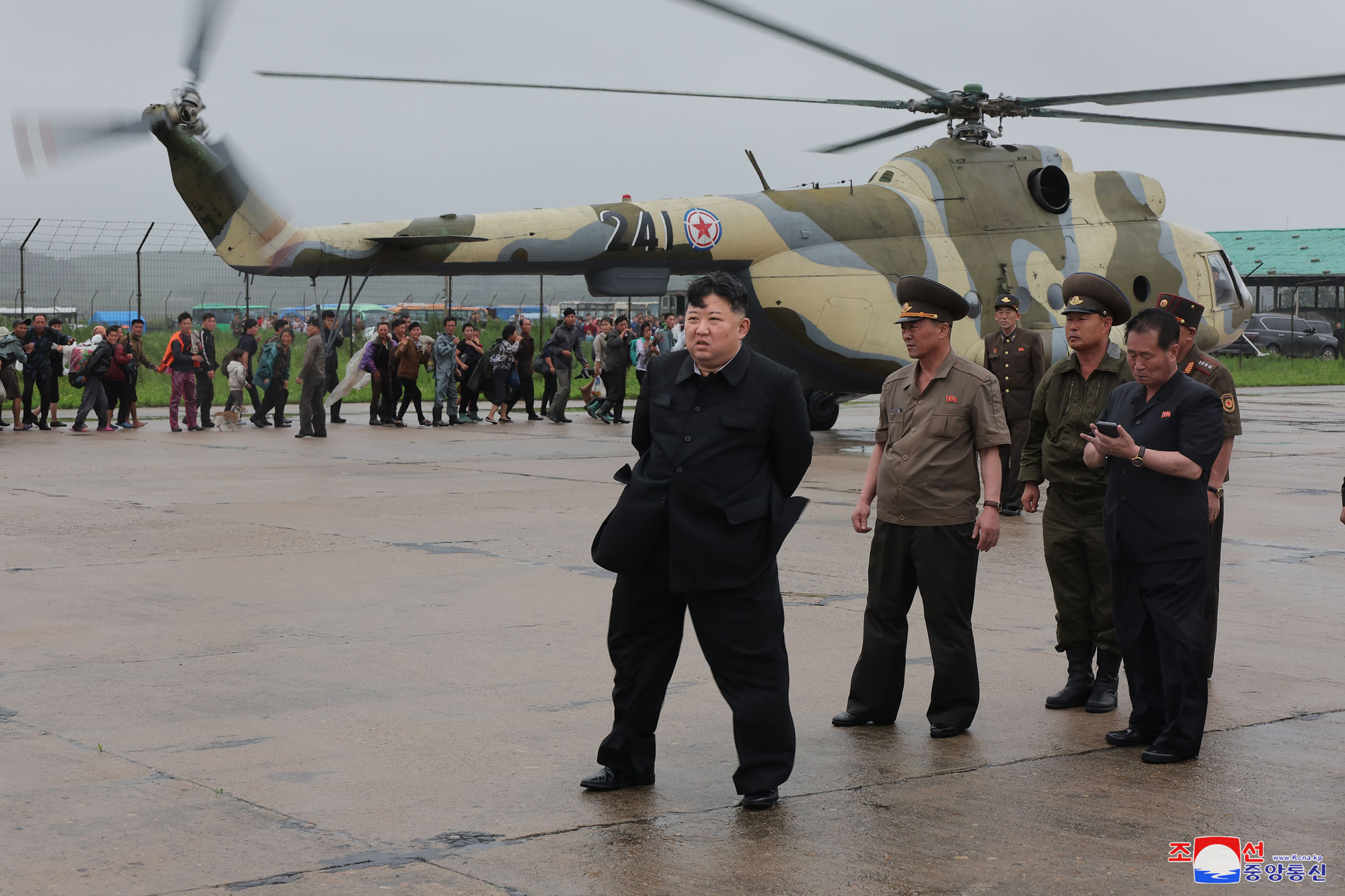 President of State Affairs <nobr><span style="font-size:110%;">Kim Jong Un</span></nobr> inspects flood-hit areas in city of Sinuiju and Uiju County of North Phyongan Province