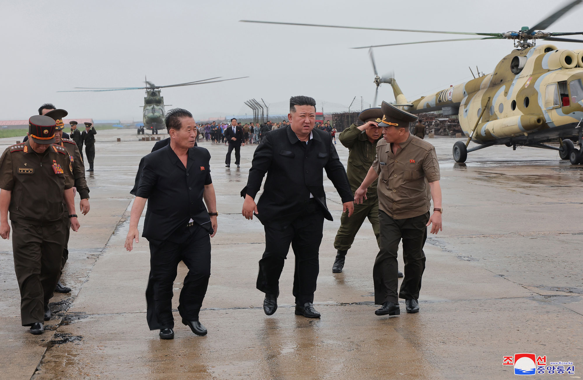 President of State Affairs <nobr><span style="font-size:110%;">Kim Jong Un</span></nobr> inspects flood-hit areas in city of Sinuiju and Uiju County of North Phyongan Province