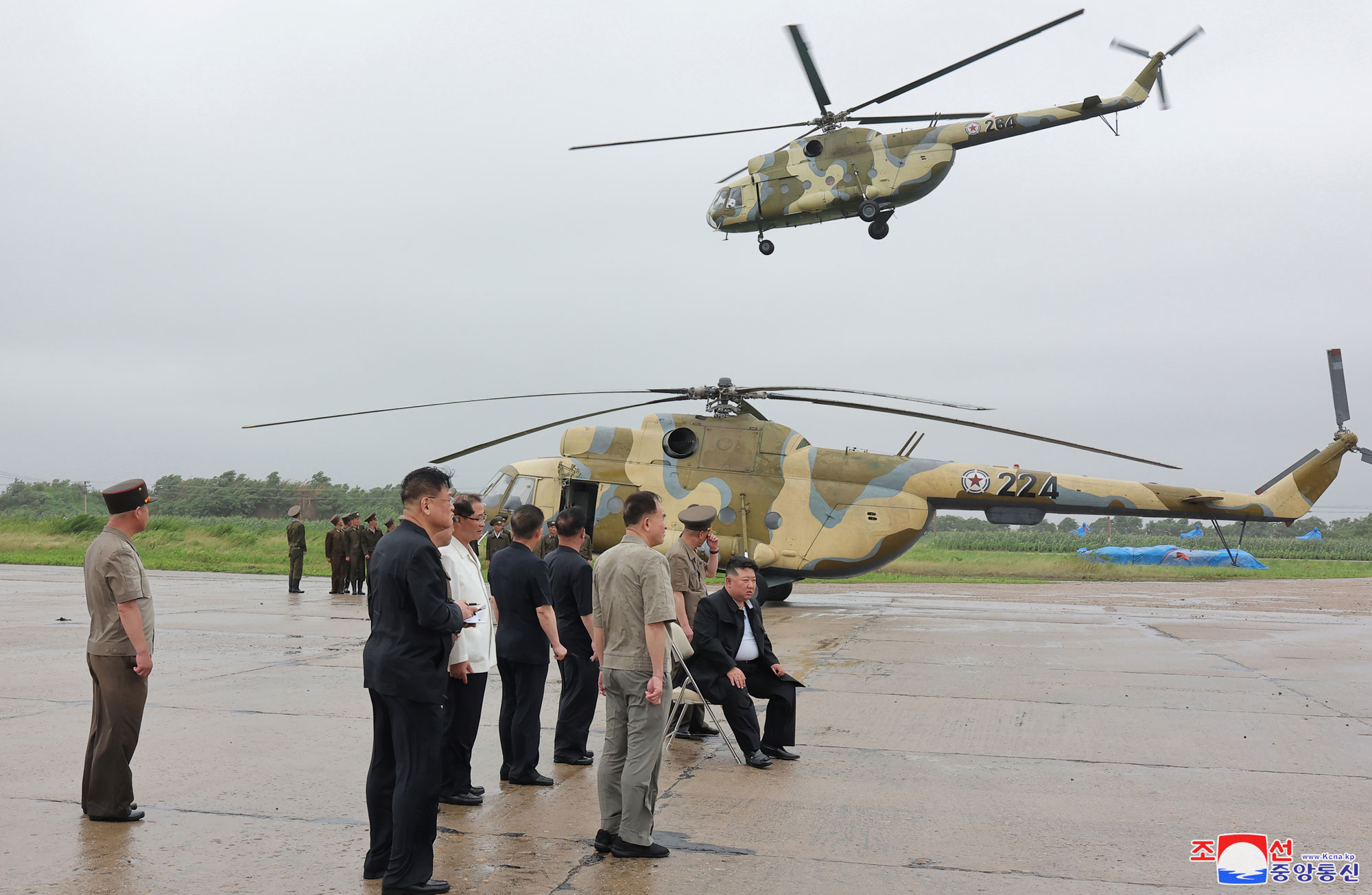 President of State Affairs <nobr><span style="font-size:110%;">Kim Jong Un</span></nobr> inspects flood-hit areas in city of Sinuiju and Uiju County of North Phyongan Province