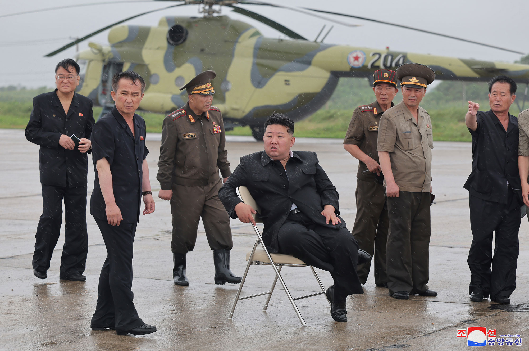 President of State Affairs <nobr><span style="font-size:110%;">Kim Jong Un</span></nobr> inspects flood-hit areas in city of Sinuiju and Uiju County of North Phyongan Province