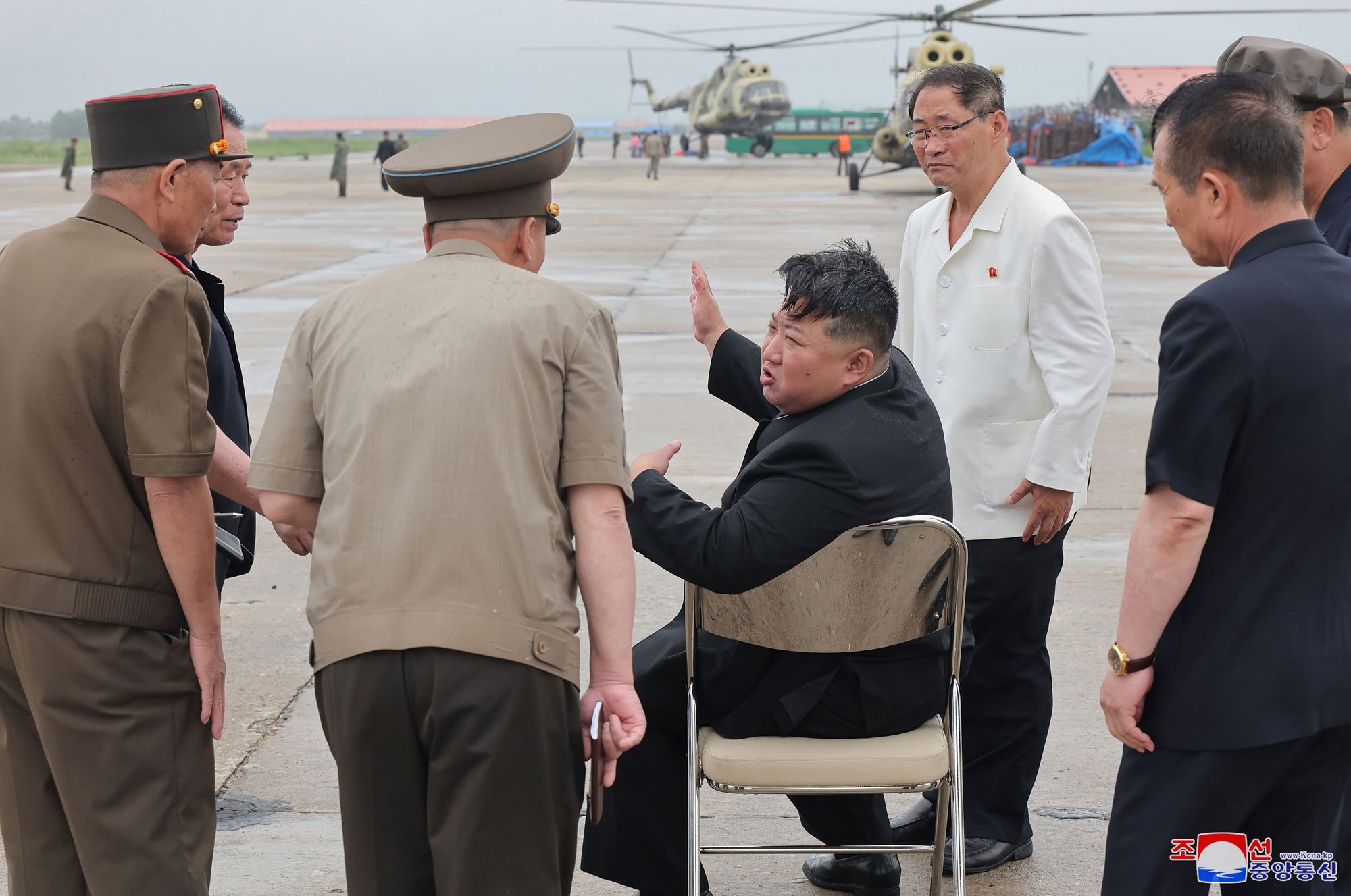 President of State Affairs <nobr><span style="font-size:110%;">Kim Jong Un</span></nobr> inspects flood-hit areas in city of Sinuiju and Uiju County of North Phyongan Province